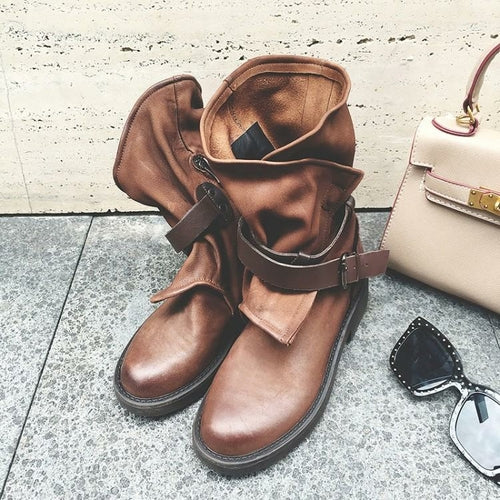 Round toe buckle with square heel boots