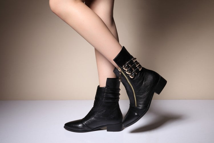 Pointed Toe Buckle Thick Low Heels Ankle Boots