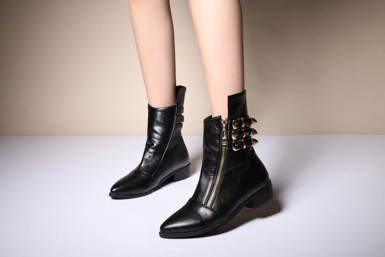 Pointed Toe Buckle Thick Low Heels Ankle Boots