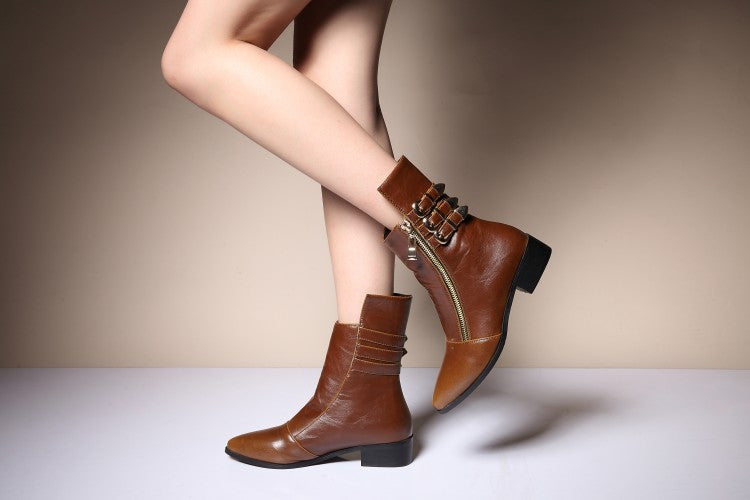 Pointed Toe Buckle Thick Low Heels Ankle Boots