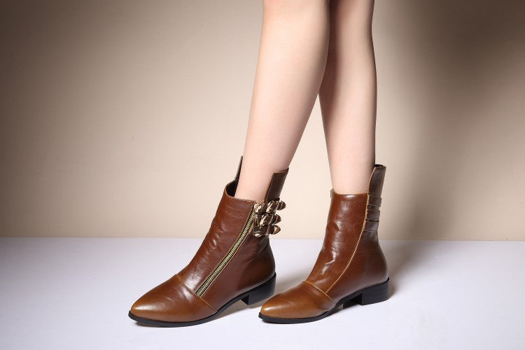 Pointed Toe Buckle Thick Low Heels Ankle Boots