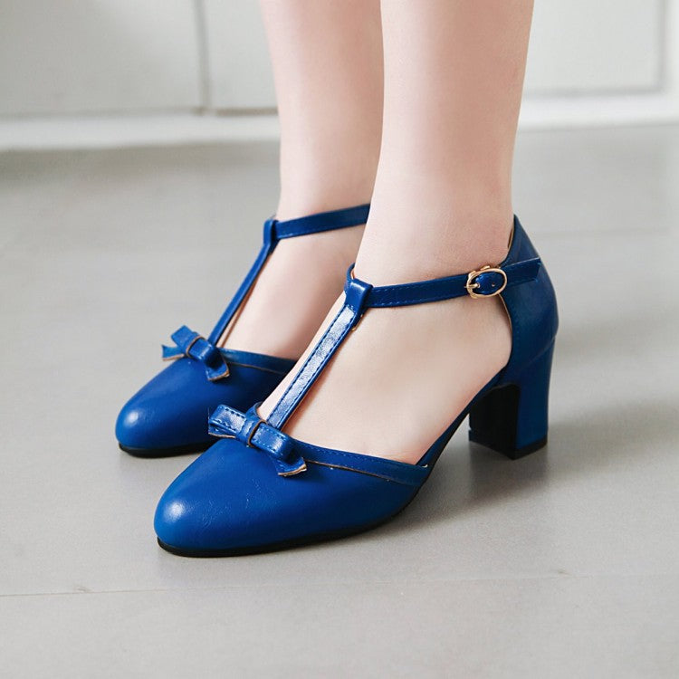 Bowtie T Strap Buckle Thick High Heels Pumps