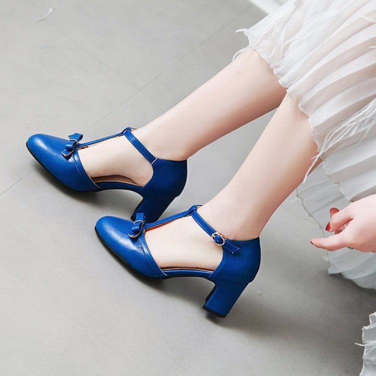 Bowtie T Strap Buckle Thick High Heels Pumps