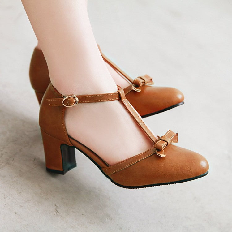 Bowtie T Strap Buckle Thick High Heels Pumps