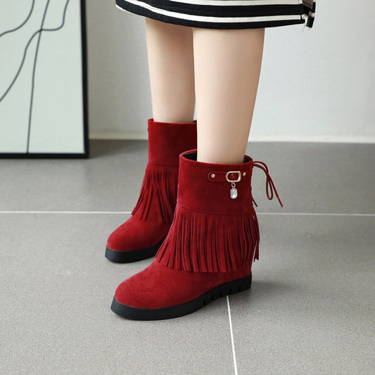 Flat Tassel Metal Buckle Slip On Lace Up Snow Boots