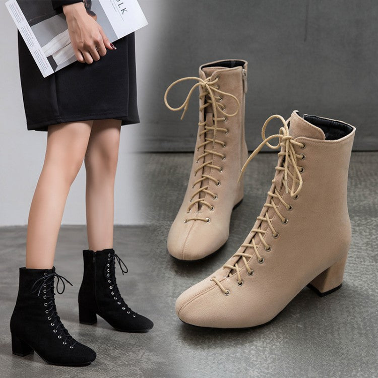 Ankle Boots PU Leather Elastic Band Square Heels Zipper Platform Plus