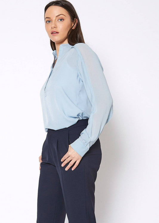 Women's Mandarin Collar Shirt Blouse In Cashmere Blue