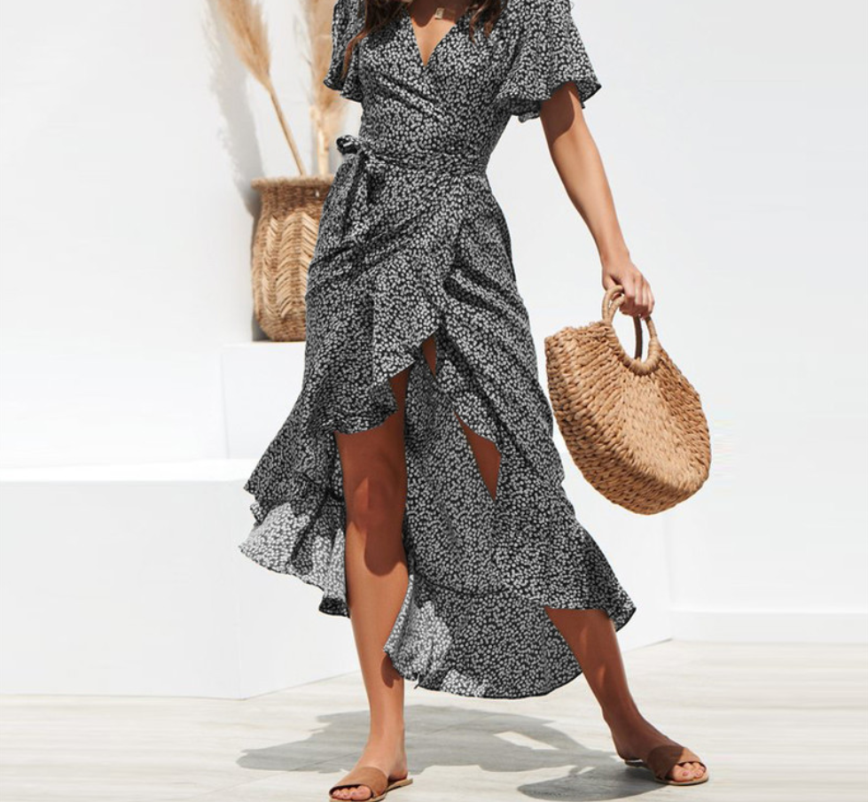 V-neck irregular high-rise lace-up chiffon print dress