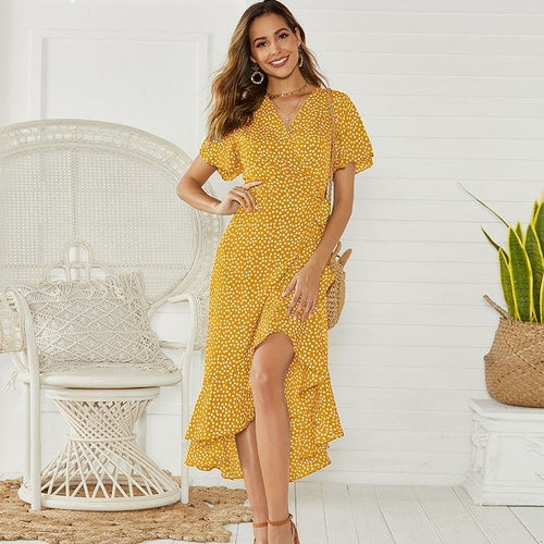 V-neck irregular high-rise lace-up chiffon print dress