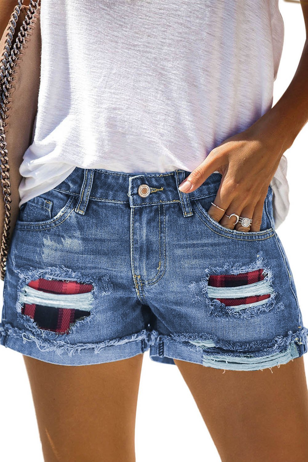 Women's Blue Red Plaid Patchwork Rolled Hem Denim Shorts