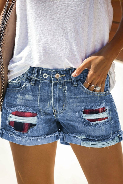 Women's Blue Red Plaid Patchwork Rolled Hem Denim Shorts