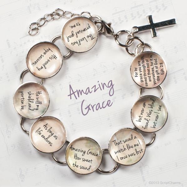 Amazing Grace Hymn & Scripture Glass Charm Bracelet – Stainless Steel