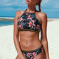 Black Halter Neck Floral Pattern Bikini Set