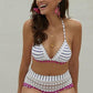 Blue White Striped Pom Pom Mesh Insert High Waist Bikini