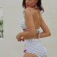 Blue White Striped Pom Pom Mesh Insert High Waist Bikini