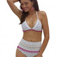 Blue White Striped Pom Pom Mesh Insert High Waist Bikini