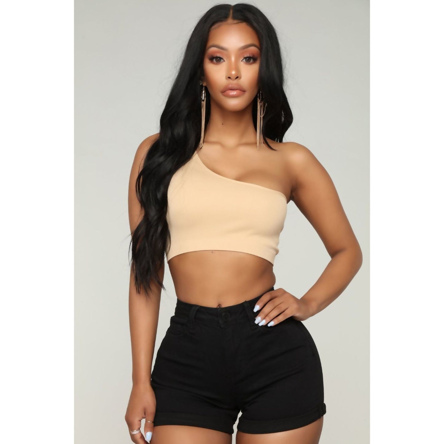 Beige One Shoulder Crop Top