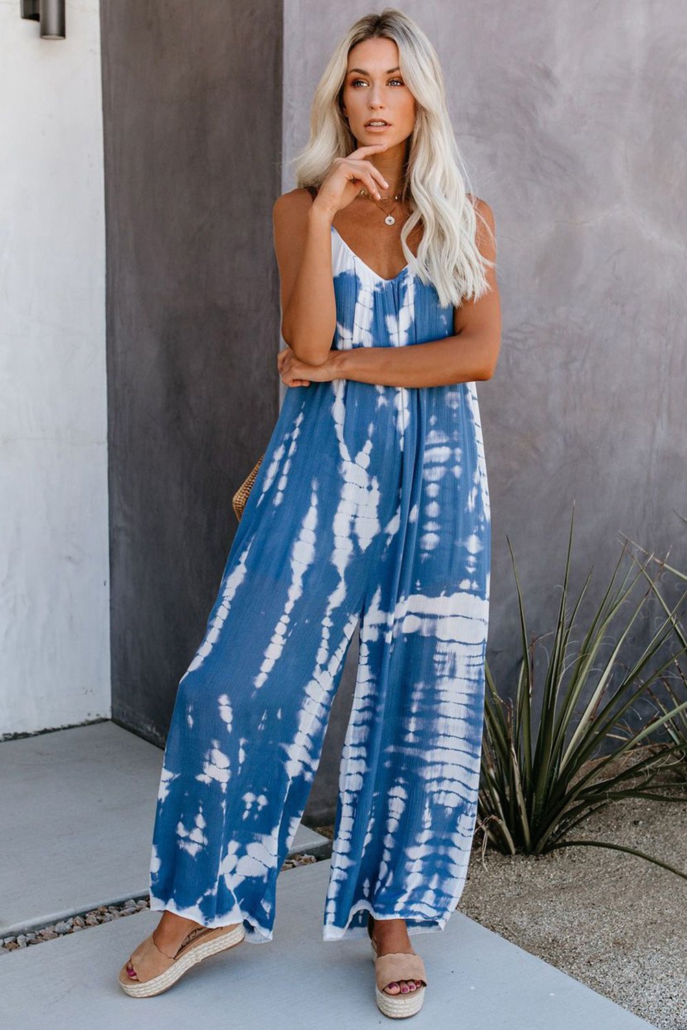 Casual Blue Spaghetti Strap Tie Dye Baggy Long Pants Romper