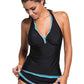 Contrast Blue Trim Black Halter Tankini Skort Swimsuit