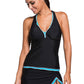 Contrast Blue Trim Black Halter Tankini Skort Swimsuit