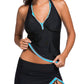 Contrast Blue Trim Black Halter Tankini Skort Swimsuit