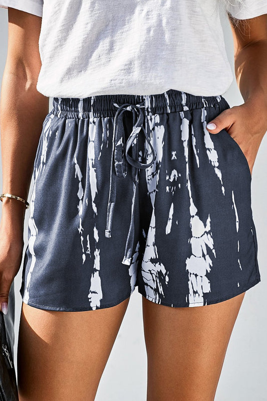 Gray White Tie Dye Drawstring Casual Shorts