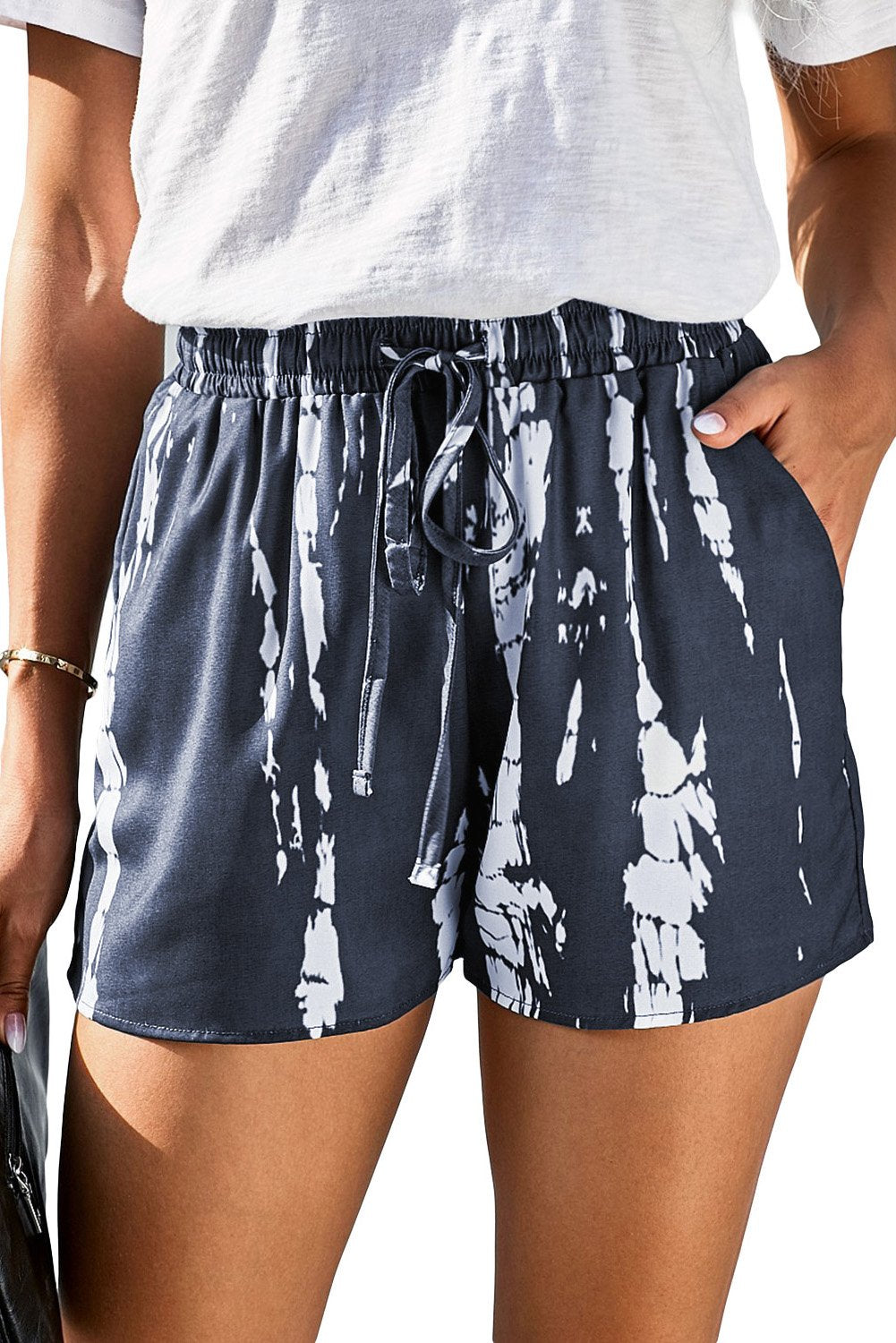 Gray White Tie Dye Drawstring Casual Shorts