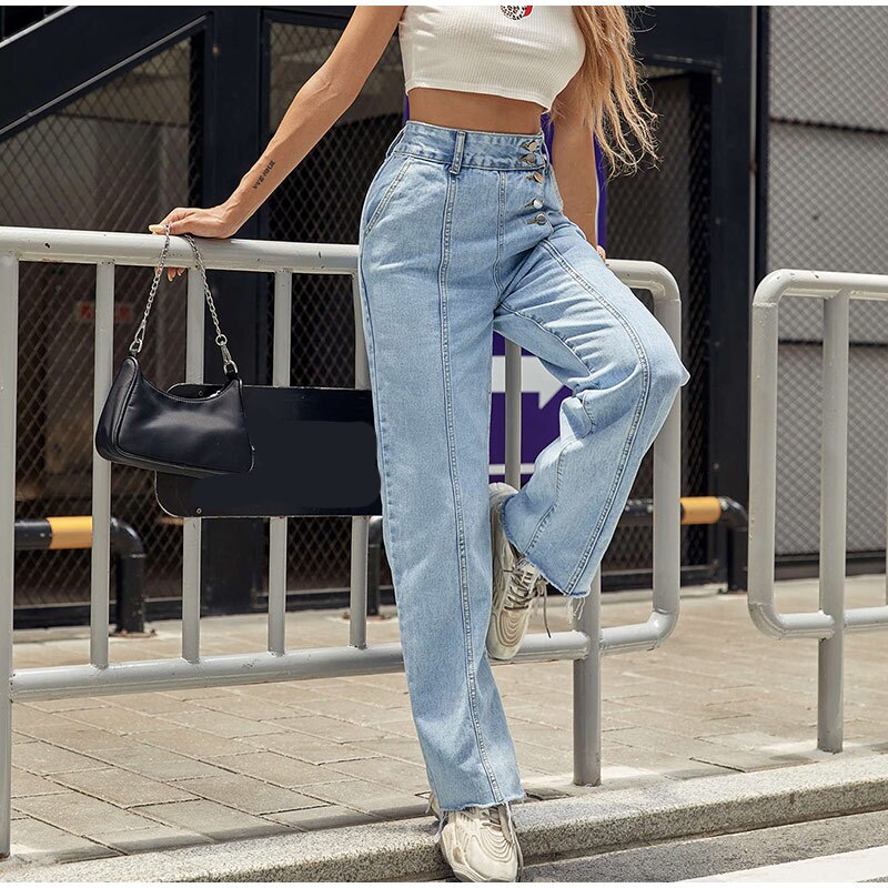 Blue Jeans Women Pants Vintage Wide Leg Straight High Waist Pants For