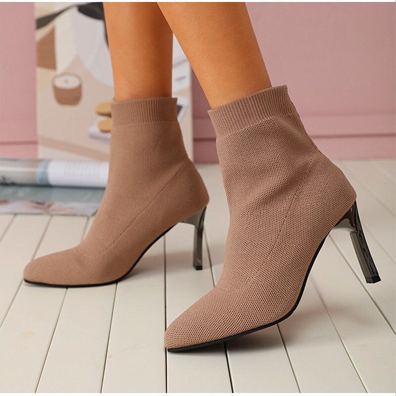 Women Stretch Ankle Boots Pointed Toe Pumps Elastic Fabric High Heels