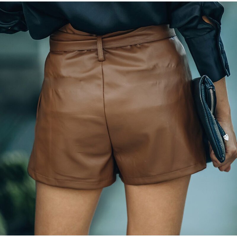 Women's Lace-up Pu Leather Shorts High Waist Wide Leg Short Pockets