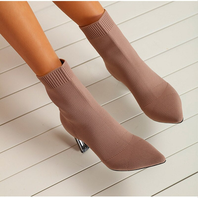 Women Stretch Ankle Boots Pointed Toe Pumps Elastic Fabric High Heels