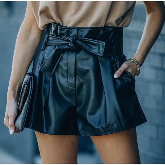 Women's Lace-up Pu Leather Shorts High Waist Wide Leg Short Pockets