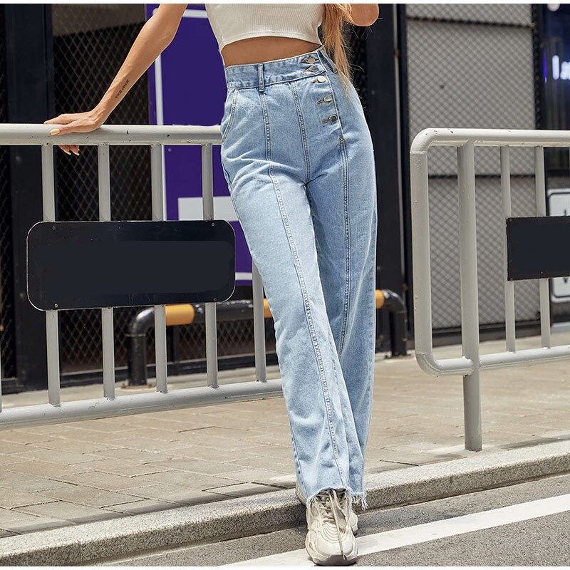 Blue Jeans Women Pants Vintage Wide Leg Straight High Waist Pants For