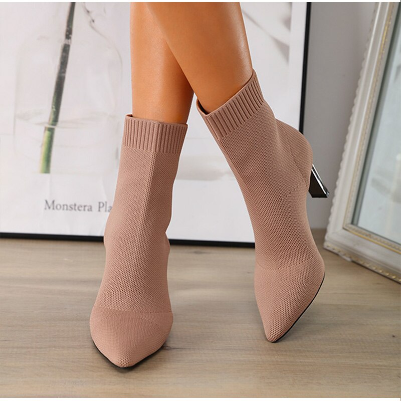 Women Stretch Ankle Boots Pointed Toe Pumps Elastic Fabric High Heels