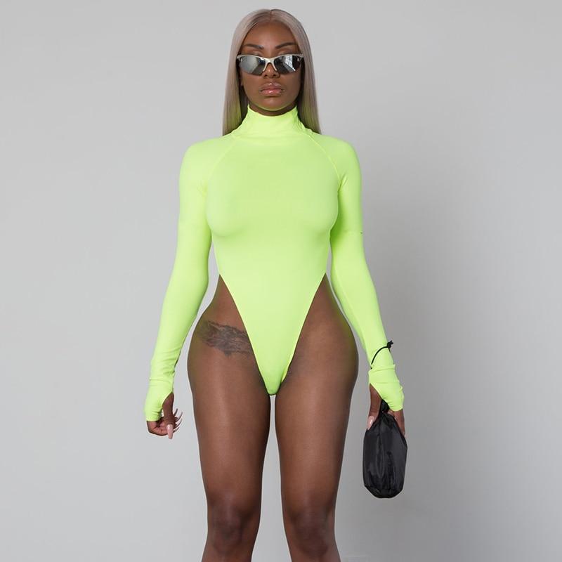 Long Sleeve High Neck Neon Bodycon Sexy Bodysuit