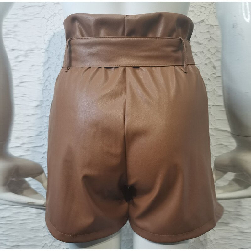 Women's Lace-up Pu Leather Shorts High Waist Wide Leg Short Pockets