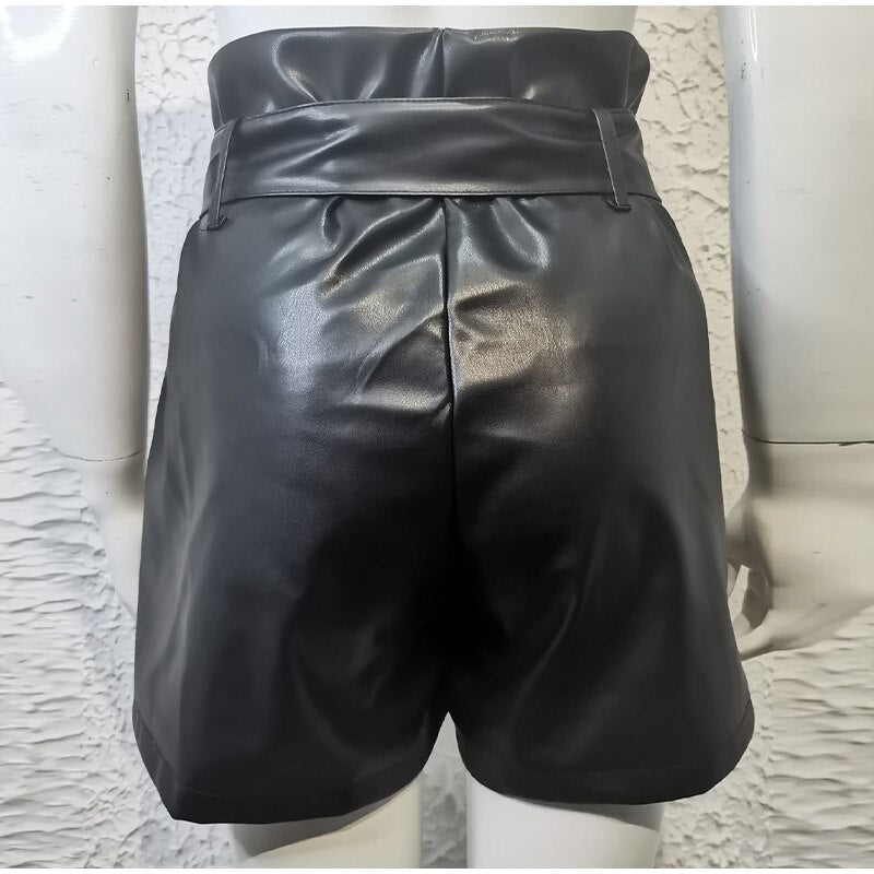 Women's Lace-up Pu Leather Shorts High Waist Wide Leg Short Pockets