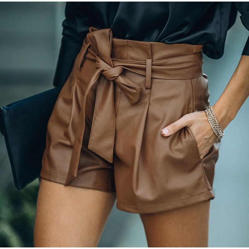 Women's Lace-up Pu Leather Shorts High Waist Wide Leg Short Pockets