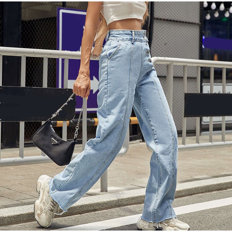 Blue Jeans Women Pants Vintage Wide Leg Straight High Waist Pants For