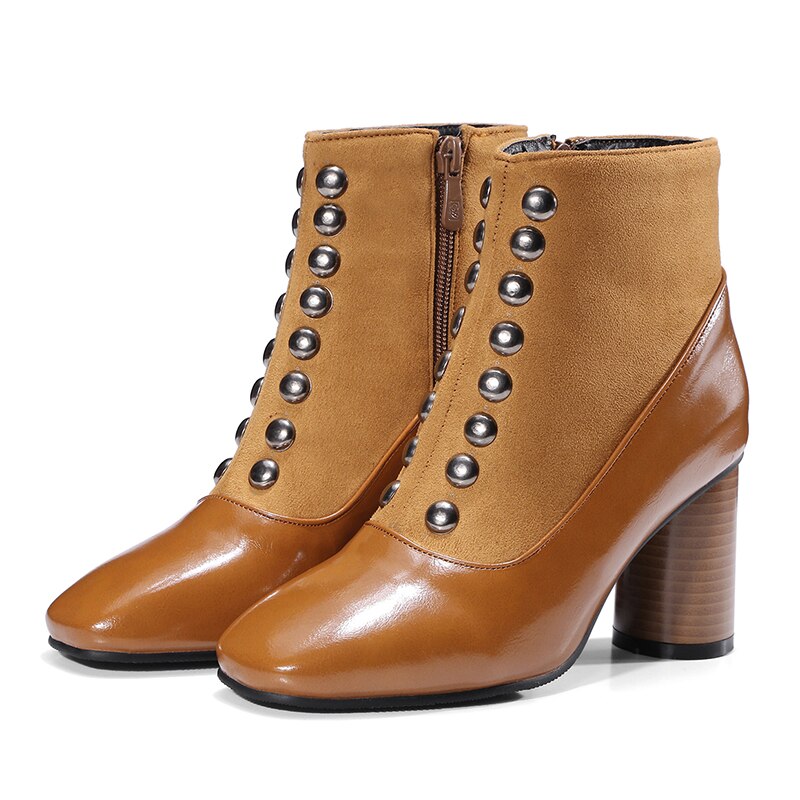 Vintage Square Toe Ankle 
Boots For Women Zipper High Heels Shoes