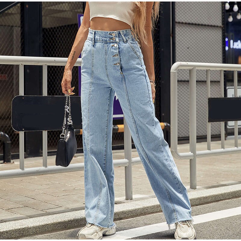 Blue Jeans Women Pants Vintage Wide Leg Straight High Waist Pants For