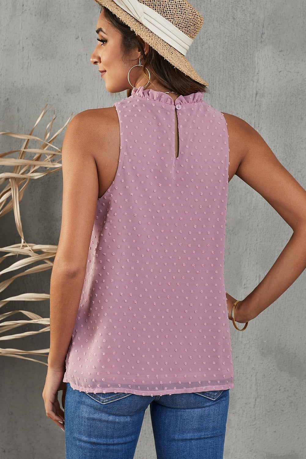 Pink Swiss Dot Ruffle Tank