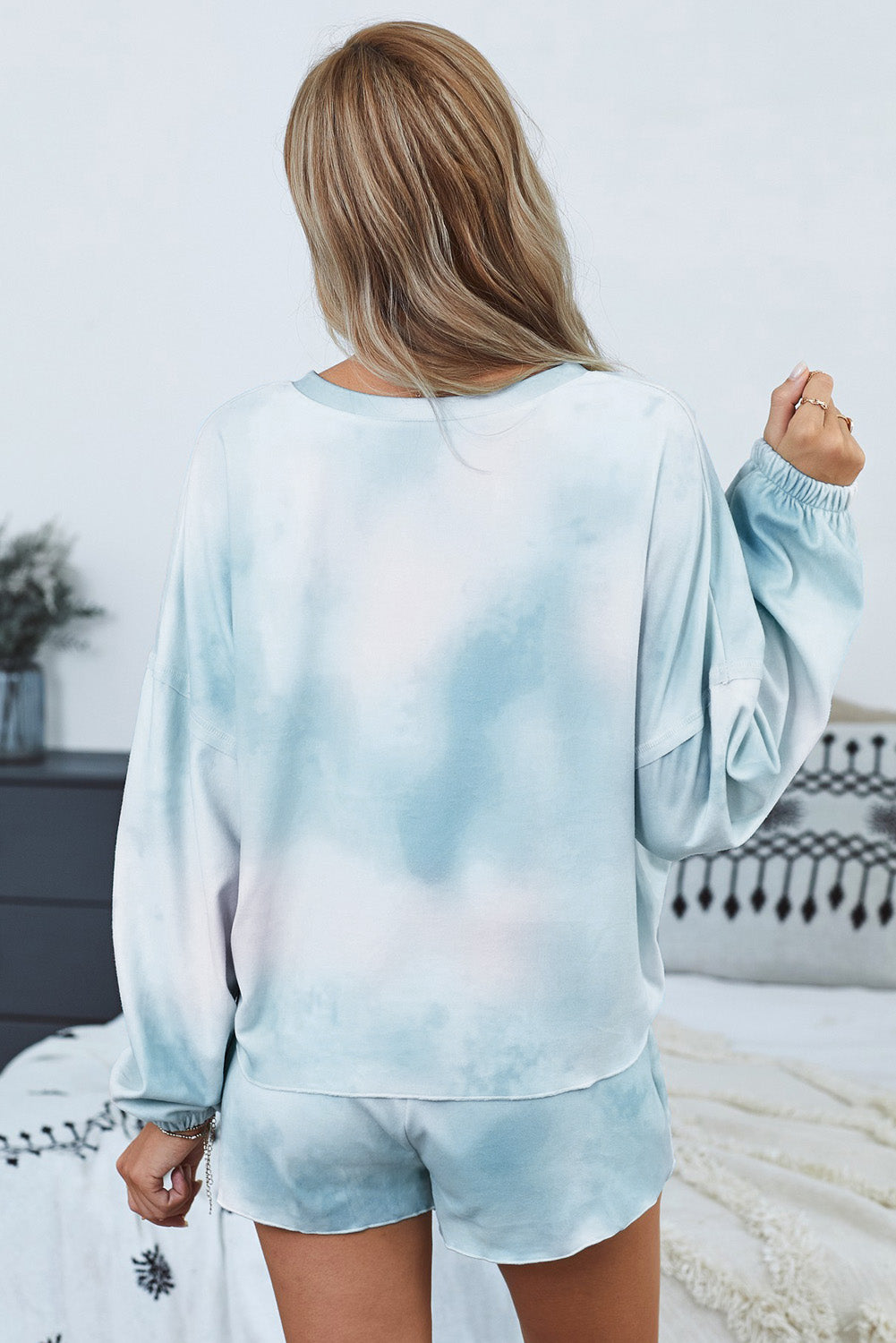 Sky Blue Tie Dye Knit Long Sleeve and Short Pajamas Set