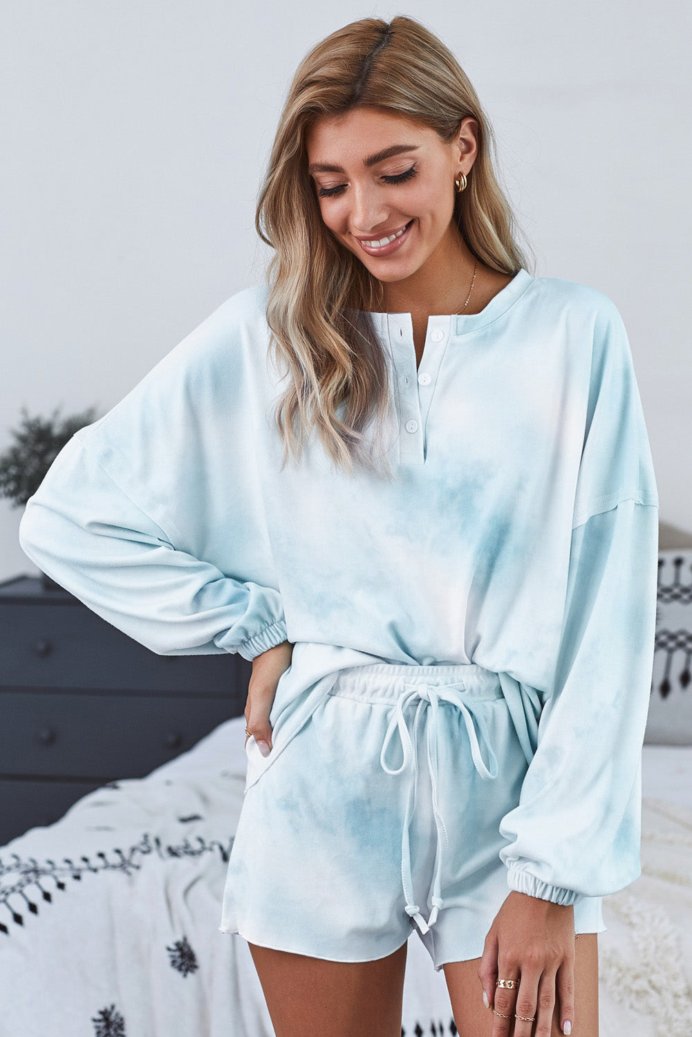 Sky Blue Tie Dye Knit Long Sleeve and Short Pajamas Set