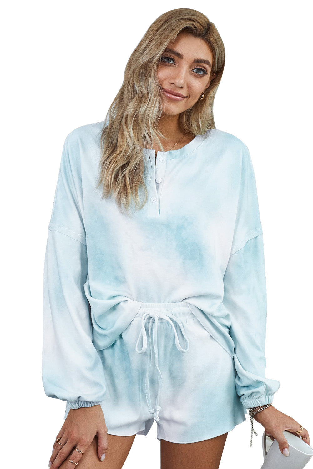 Sky Blue Tie Dye Knit Long Sleeve and Short Pajamas Set