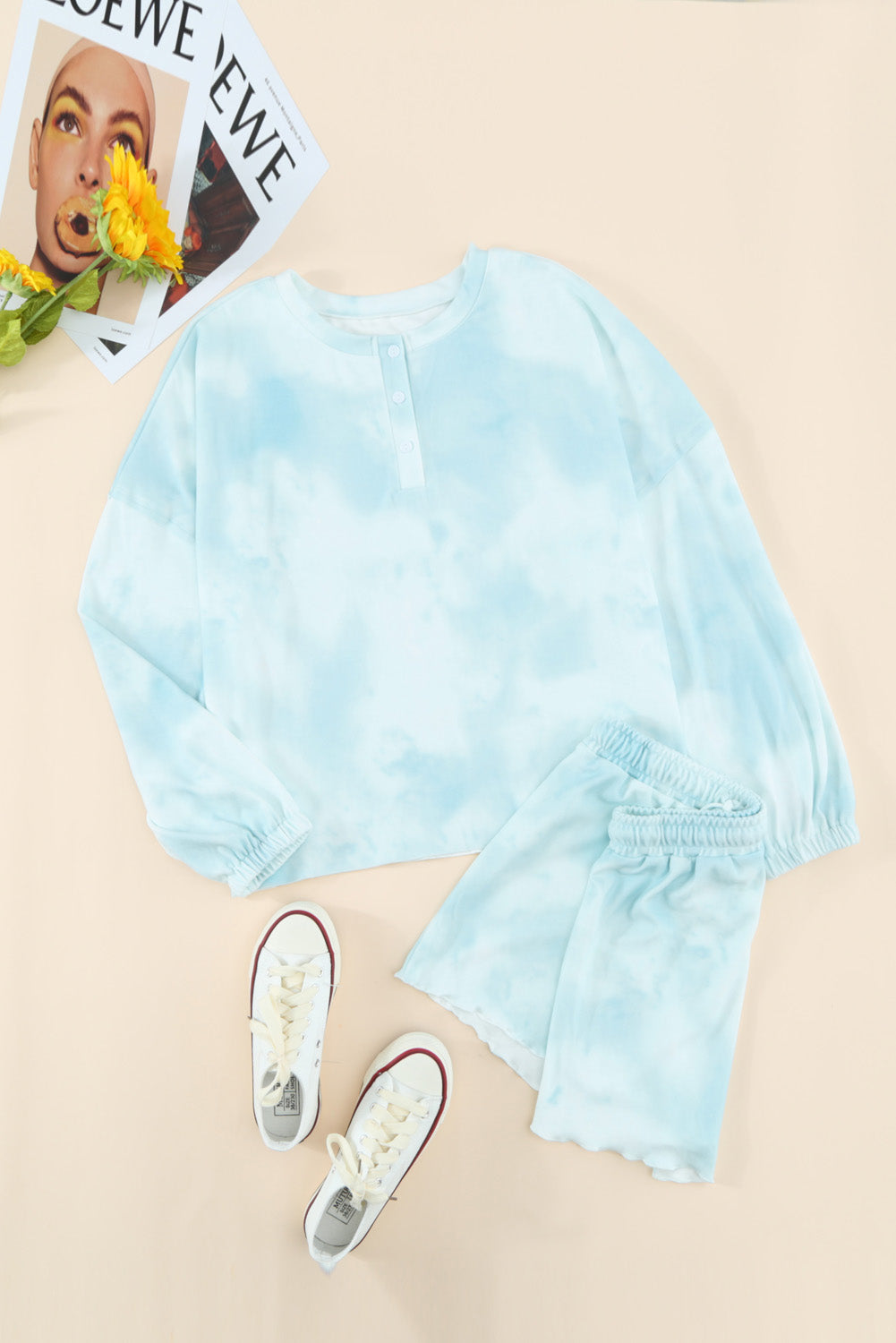 Sky Blue Tie Dye Knit Long Sleeve and Short Pajamas Set