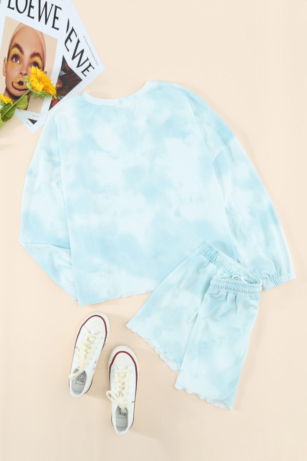 Sky Blue Tie Dye Knit Long Sleeve and Short Pajamas Set