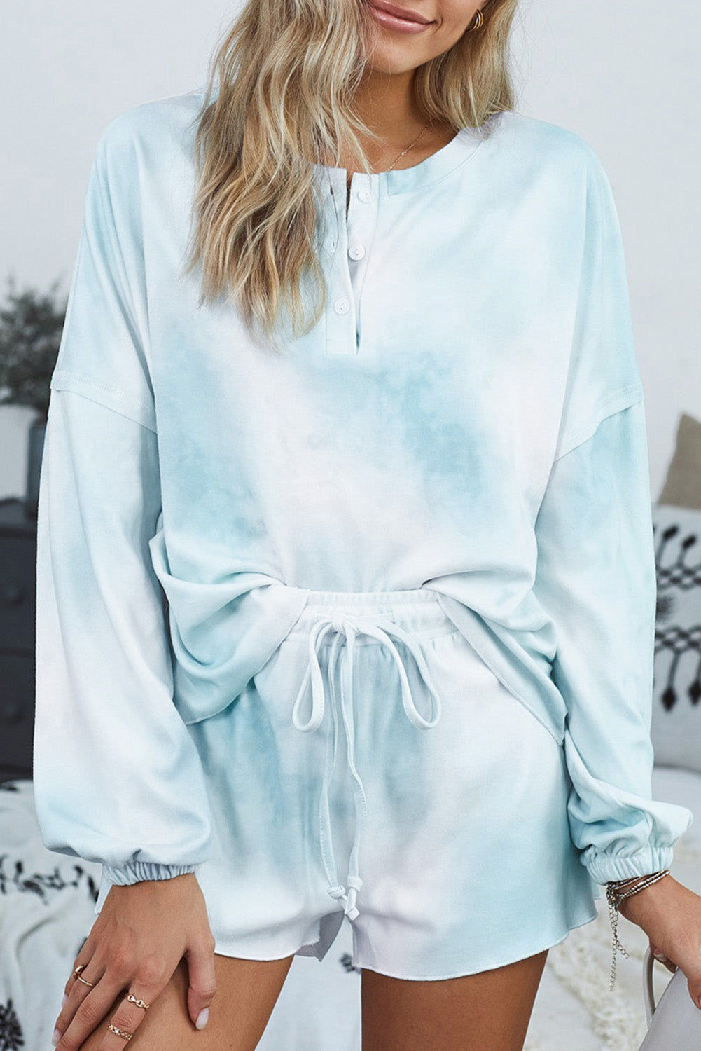 Sky Blue Tie Dye Knit Long Sleeve and Short Pajamas Set