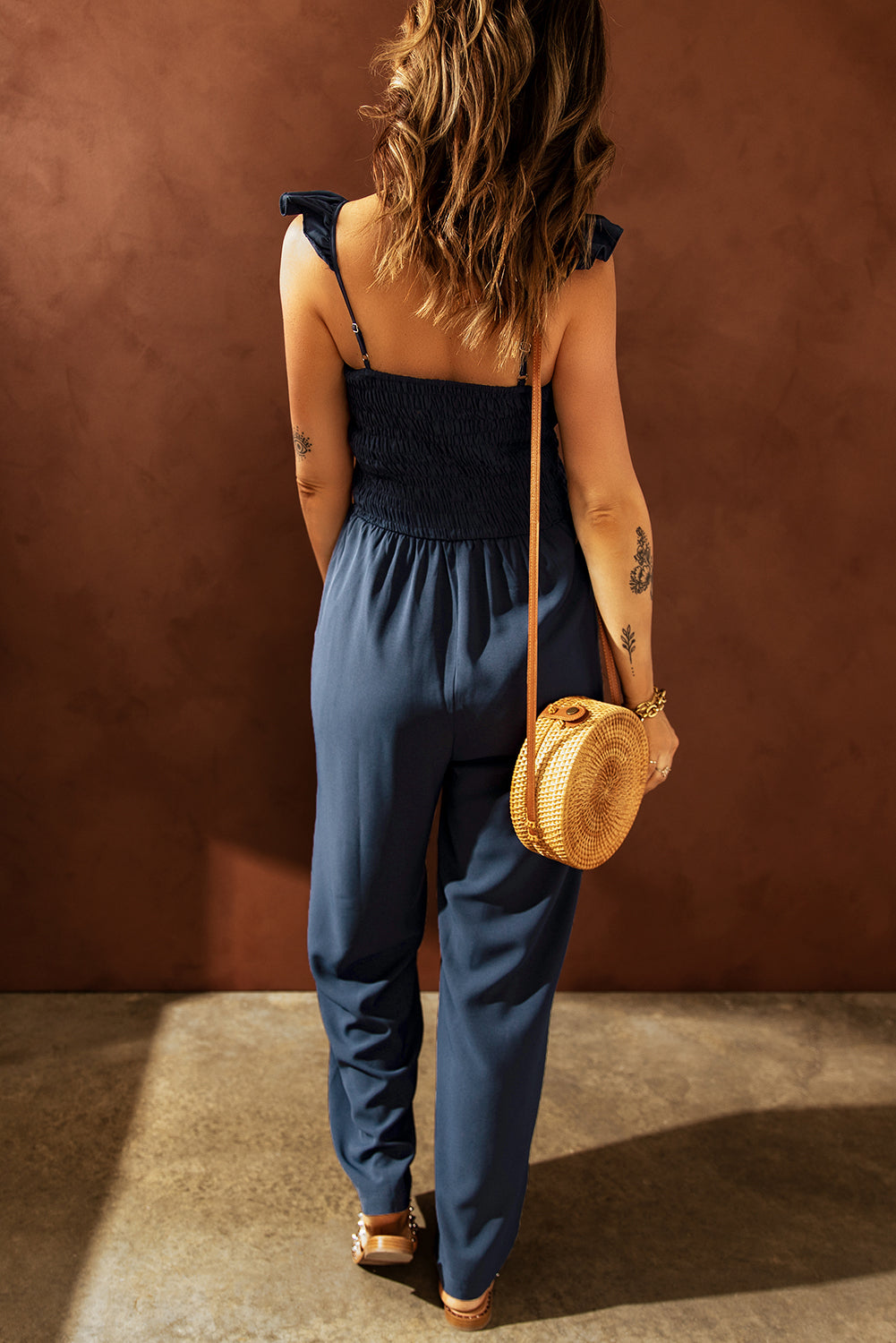 Blue Smocked Wide Leg Formal Jumpsuit