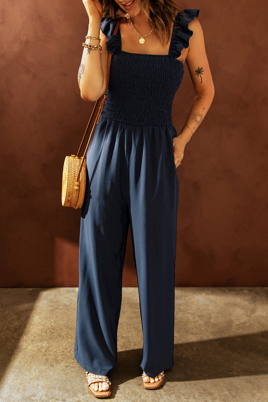 Blue Smocked Wide Leg Formal Jumpsuit